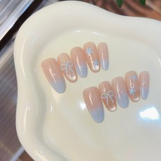 夏日漸變蝴蝶貓眼穿戴甲 純手工短款顯白美甲貼片 成品假指甲片, 1個, 氛圍藍蝶【中橢圓】,XS