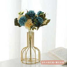 客廳假花仿真花塑料花擺件ins客廳酒櫃餐桌房間鬱金香插花裝飾品 ins日韓風 仿真花擺件 客廳香插花擺件qct6r0, 金色水培花瓶+繁花似錦, 1個
