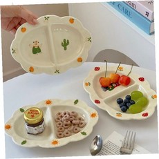 흰색 과일무늬 도자기 분할접시 가정용 간식그릇 디저트 과일담기 식탁용 앙증맞은, 1개, 써니