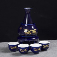 도쿠리워머 세트 사케 술잔 워머 데우기 세트 M 정종, W. 4 컵과 4 탯줄이 있는 파란색과 금색 촛대 펭귄