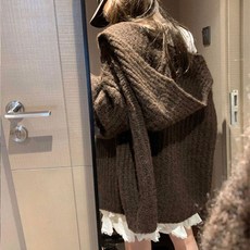 2025複古連帽毛衣開衫女秋冬新款針織外套寬鬆大碼慵懶風上衣厚 針織長袖 寬鬆毛衣 保暖上衣 外套 衣服, 建議110-120斤左右, 咖啡