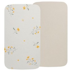 Onacosht 모슬린 미니 아기 침대 시트 99.1 x 68.6cm(39 x 27인치) 팩 앤 플레이 매트리스 시트 팩 앤 플레이에 적합 남아 여아용 부드러운 면 2팩, Pack n Play Sheets 39" x 27", 베이지와 옐로우 블라썸