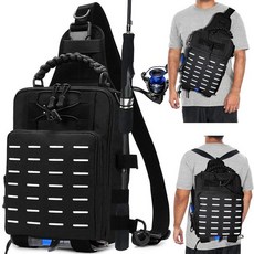 이어폰 구멍과 반사 줄무늬가 있는 낚시 태클 백 막대와 기어 홀더가 가벼운 슬링 숄더 백팩 보관 플라이 하이킹을 위한 가방, B-블랙, 1개