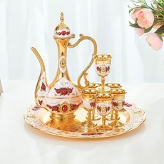 高檔南瓜造型酒具8件套組 1壺1托盤6酒杯 歐式白酒杯 創意家居擺件 酒杯組 小酒杯 酒具套裝960112, 小扁金白紅花, 1個