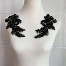 수제 꽃 보석 자수 아플리케 드레스 무대의상 DIY 패치 와펜, 1개, 블랙 좌우 1쌍