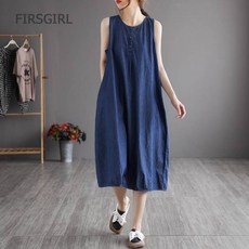 FIRSGIRL 여성 여름 데님 롱 원피스 민소매 루즈핏 빅사이즈 얇은 편한 원피스