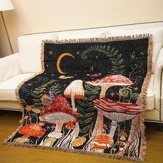 JQZ 보헤미안 담요 프린지가 있는 우븐 면 소파 침대 피크닉 야외 캠핑용 (레드 버섯)