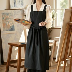 감성 한판 문예풍 여성 앞치마 미술실 네일샵 플로리스트 유니폼 세련된 디자인 가정용 주방 요리 앞치마 데일리 필수 작업복 인테리어 소품 다용도 에이프런, 블랙, 1개