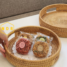 원형 라탄 트레이 2P세트 베트남 수제품 소품 쟁반 채반 바구니 빵 바스켓 과일 수납함 DBJ, 라탄원형바구니_DBJJ