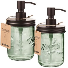 SHEECHUNG MASON JAR 그린 유리 비누 리필 473 스테인리스 스틸 주방용 액체 로션 16온스 가능한 디스펜서 2ML 블랙 욕실 장식용 펌프 농가 접시, 넓은 입구, 브론즈2팩