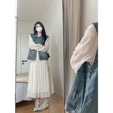 여성 봄 원피스 세트 빈티지 루즈핏 프릴 원피스 + 데님 베스트 투피스 프렌치 여자 투피스 세트 YXF