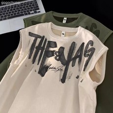 美式街頭塗鴉麂皮絨背心男夏季潮牌健身運動坎肩寬鬆大碼無袖T恤