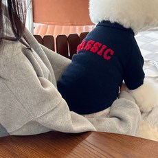 투니스 반려동물 라운드넥 캐주얼 레터링 긴소매 기모 맨투맨, 네이비, 1개