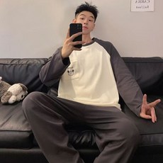긴팔 구름 면 잠옷 남성 가을 겨울 투피스 세트 간결한 만화 라운드 넥 풀오버 홈웨어, 2가지 사이즈(L, XL), LXE-968.5를 한국어로 번역하세요.#파차 개