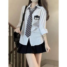 미국 하이틴 교복 레트로 프레피 아메리칸 졸업사진 세라복, A. 청백색 줄무늬 셔츠 세트, B. S