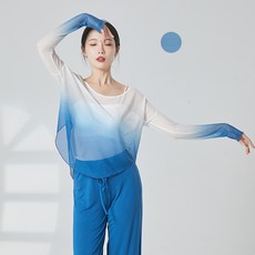 클래식 무용 필라테스 댄스복 루즈핏 그라데이션 상의 긴팔 요가 댄스 연습복, XL, 블루