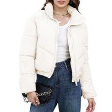 Wyeysyt 여성용 크롭 패딩 재킷 퀼트 겨울 따뜻한 스탠드 칼라 쇼트 코트 베이지. 라지 167747, 베이지