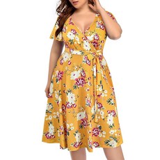 Pinup Fashion 여성용 플러스 사이즈 드레스 웨딩 게스트 - 세미 포멀 칵테일 랩 엠파이어 웨이스트 미디 드레스 꽃무늬 옐로우