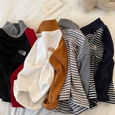 兒童長袖T2025瞇瞇眼鼕季新品男女童條紋刺繡打底衫寶寶拚接高領T