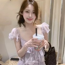 퍼플 프릴 끈 브이넥 소매 블라우스 여 여름 포근한 감미로운 루즈핏 날씬해 보이는 상의