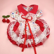 【格森】貓咪公主連衣裙 寵物聖誕新年衣服 狗狗服飾, 洛麗塔碎花裙+櫻桃髮夾,M, 1個