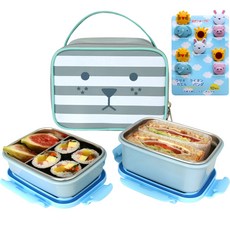 Lollimon便當籤 + 2層雙層不鏽鋼便當 + 包包組合, 藍色, 1套