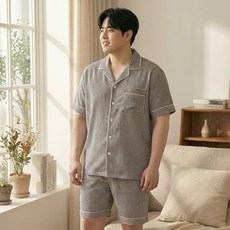 남여공용 빅사이즈 실크터치 스트라이프 반팔잠옷세트