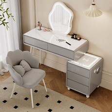 伸縮一體化妝桌收納櫃 六斗櫃梳妝台 - 三八女神節特惠, 【智能藍牙邊櫃】加厚岩板奶油風三抽櫃灰色,80cm桌+櫃+雲朵鏡+花瓣椅