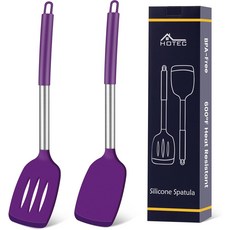 HOTEC 실리콘 주걱 세트 600F 내열성 및 BPA 프리 주방 삽툴라 터너 2종 스테인리스 스틸 손잡이 슬롯형 견고한 논스틱 조리기구용 13.7인치 블랙, Purple