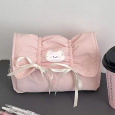 귀여운 고양이 리본 필통 봉제 천 패브릭 학생 파우치, 1개, 핑크