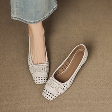 1/1+1여성 여름 메쉬 가죽 로퍼 발편한 슬립온 샌들 미들 굽 스퀘어 단화