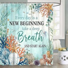 JAWO 해상 등대 샤워 커튼 블루 크랩 앵커 요트 해안 욕실 장식 방수 패브릭 커튼 세트 후크 12개 172.7 x 177.8cm(69 70인치)109723