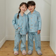 원더풀라이프 국산 순면 남아 여아 공용 주니어 에코베어 블루 긴팔 상하 홈웨어 잠옷 세트