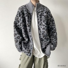 美式復古豹紋針織開衫 寬鬆慵懶風毛衣外套