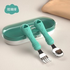 臺灣發貨 316不鏽鋼兒童吸盤保溫碗 注水保溫碗 輔食碗 防摔防燙恆溫餐碗, 1個, 【琉璃綠】不銹鋼叉勺