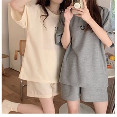 笑臉華夫格睡衣套裝 - 夏季短袖薄款寬鬆家居服