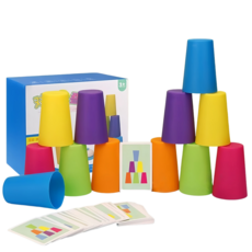 雙人對戰疊杯 疊疊杯 雙人疊杯 雙人對戰 疊疊杯 速疊杯 搶答鈴 益智玩具 訓練反應 桌遊, 1個, 雙人對戰疊杯(12杯子+54卡片無搶答鈴, 6色