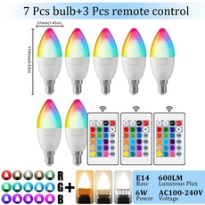 1-10PCS E14 촛불 LED 전구 RGB 24 키 원격 제어 디 밍이 가능한 6W AC220V 110V 침실 거실 램프에 대 한, 03 7pcs, 01 AC100-240V, 01 RGB 4000K