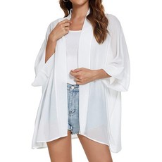 WEIYAN 여성용 상의 루즈핏 시폰 기모노 카디건 해변 수영 커버업 블라우스 새 흰색 206527
