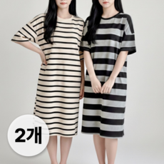 IAWI 여성용 반팔 원피스 잠옷 빅사이즈 스트라이프 롱 홈웨어 파자마 [2개세트]