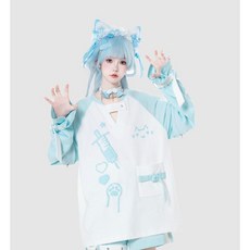 갸루 지뢰계 지뢰계옷 지뢰계패션 멘헤라 여성 하늘색 오버핏 상하의 의상 세트