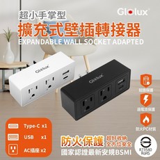 擴充式牆壁插頭轉接器 防火保護 國家最新安規 Typ-C USB AC插座 超小手掌型 安全合格 黑色 白色 雙色可選, 1個