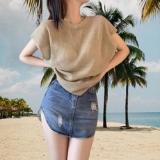 여성 반팔티 여름 시스루 망사 메쉬 레이어드 비키니 수영업 커버업