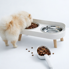 강아지 밥그릇 2구 높이조절 스텐 식기 스쿱 세트, 화이트, 1개