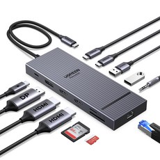 UGREEN 유그린 Revodok 12포트 USB3.2 C타입 멀티허브 |삼성덱스 맥북 호환|트리플 모니터 확장|4K120Hz|10Gbps|SD카드 리더기|기가비트|PD100W, 1개, Grey