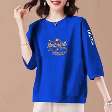 MOSAIRATION 여성 7부소매 캐주얼 티셔츠 순면 베이직 프린팅 라운드넥 반팔 티셔츠 V021704