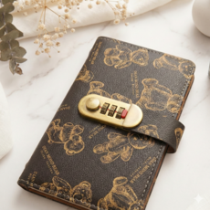 바로로 곰돌이 현금 저축 바인더 영수증 문서 서류 가죽 비밀번호 다이어리, 1개, 카키베어 블랙