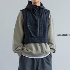 機能工裝連帽馬甲背心，復古潮流無袖外套，男士日系街舞痞帥戰術背心