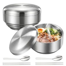 Yiyiring 뚜껑이 있는 396.9g(14온스) 스테인리스 스틸 밥그릇 젓가락과 숟가락이 있는 한국 그릇 가정 주방 레스토랑용 재사용 가능한 서빙 그릇 2세트, Yiyiring 뚜껑이 있는 396.9g(14온스) 스