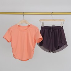 速乾運動短袖套裝 多巴胺配色跑步健身服 短褲收腰顯瘦 瑜伽服夏季 透氣排汗 高彈力健身穿搭